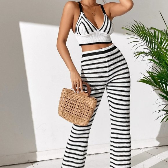 Coord set Preppy Womens Striped Pattern Cami Knit Top & Knit Pants - Picture 5 of 5